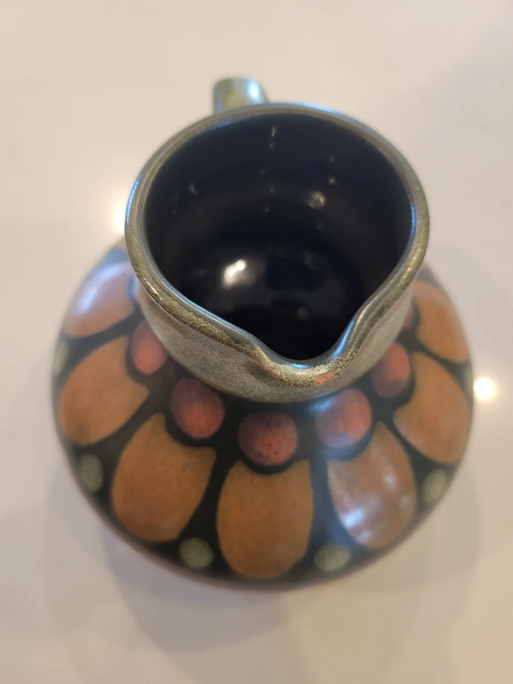 Vintage KMK Keramik Olive Green and Burnt Orange Patterned Ceramic Pitcher Vase - Picture 3 of 3